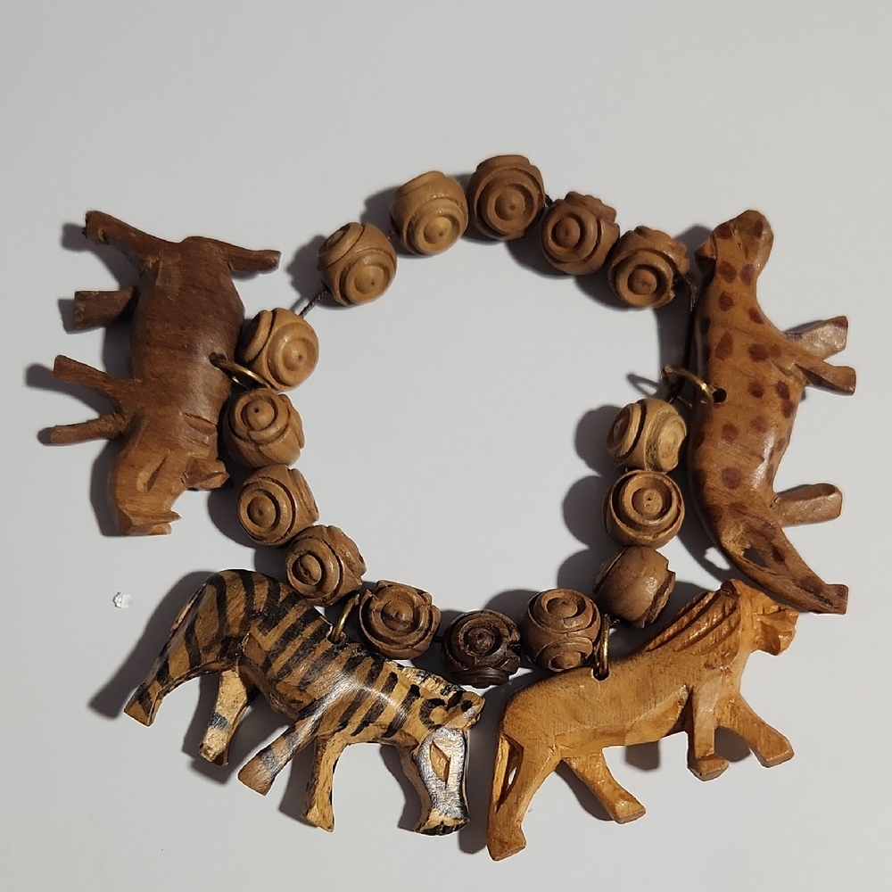 Vintage Handmade African-Style Bracelet featuring Hand-Carved Wooden Safari
